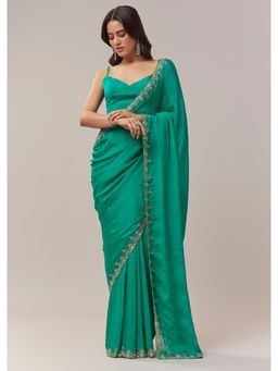 KALKI FASHION - Peacock Green Chinon With Floral Handwork Embroidered Saree with Unstitched Blouse