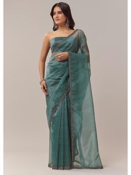 KALKI FASHION - Teal Blue N Zigzag Cutwork Border And Sequin Embroidered Saree with Unstitched Blouse