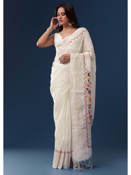 KALKI FASHION - White Linen With All Over Floral Resham Embroidered Saree with Unstitched Blouse