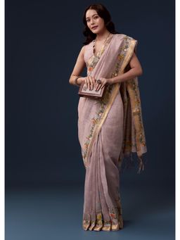 KALKI FASHION - Light Purple Linen And Golden Border Embroidered Saree with Unstitched Blouse