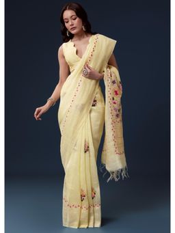 KALKI FASHION - Lemon Yellow Linen Resham Thread Floral Embroidered Saree with Unstitched Blouse