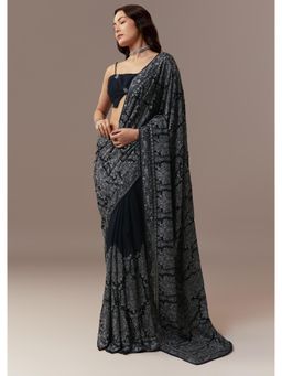 KALKI FASHION - Navy Blue Georgette Embroidered Saree with Unstitched Blouse