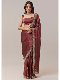 KALKI FASHION - Maroon Chinon Embroidered Saree with Unstitched Blouse