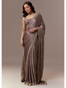 KALKI FASHION - Dusky Brown Chinon Sequin Embroidered Saree with Unstitched Blouse