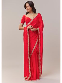 KALKI FASHION - Red Crepe Cut Dana Embroidered Border Saree with Unstitched Blouse
