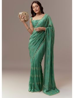 KALKI FASHION - Green Kora Silk And Leaf Motif Embroidered Saree with Unstitched Blouse
