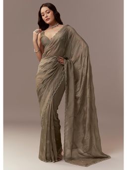 KALKI FASHION - Taupe Brown Kora Silk Embroidered Saree with Unstitched Blouse
