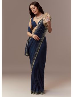 KALKI FASHION - Navy Blue Kora Silk Embroidered Saree with Unstitched Blouse