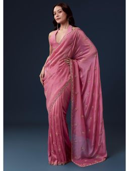 KALKI FASHION - Pink Kora Silk Beads And Stone Embroidered Saree with Unstitched Blouse