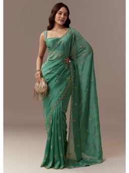 KALKI FASHION - Green Kora Silk Sequin Embroidered Saree with Unstitched Blouse