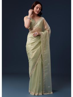 KALKI FASHION - Pista Green Tissue Cut Dana Beads And Sequin Embroidered Saree with Unstitched Blouse
