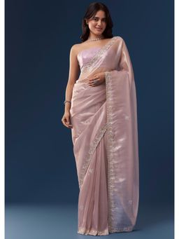 KALKI FASHION - Mauve Tissue Scallop Embroidered Border And Butti Work Saree with Unstitched Blouse