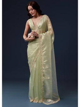 KALKI FASHION - Pista Green Tissue Sequins Saree with Unstitched Blouse
