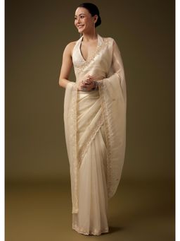 KALKI FASHION - Off White Tissue Embroidered Saree With Unstitched Blouse