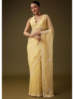 KALKI FASHION - Yellow Organza Embroidered Saree With Unstitched Blouse