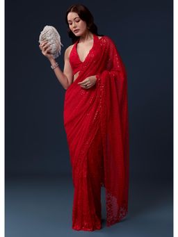 KALKI FASHION - Red Net Sequin Embroidered Saree with Unstitched Blouse