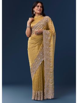KALKI FASHION - Gold Yellow Tissue Embroidered Border And Sequin Work Saree with Unstitched Blouse