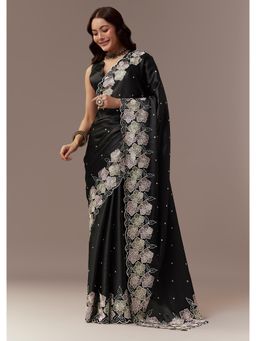 KALKI FASHION - Black Satin Floral Embroidered Saree with Unstitched Blouse