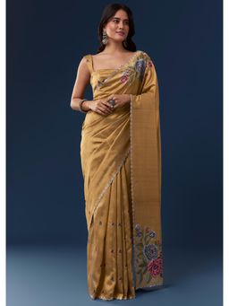 KALKI FASHION - Mustard Tusshar With Scallop Border Floral Embroidered Saree with Unstitched Blouse