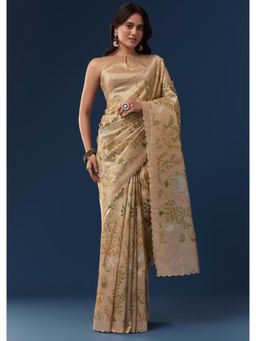 KALKI FASHION - Gold Tusshar With Scallop Border And Thread Work Motifs Saree with Unstitched Blouse