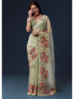 KALKI FASHION - Pista Green Tissue Organza Saree with Unstitched Blouse