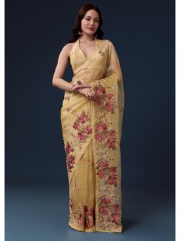 KALKI FASHION - Yellow Tissue Resham Thread And Lace Border Organza Saree with Unstitched Blouse