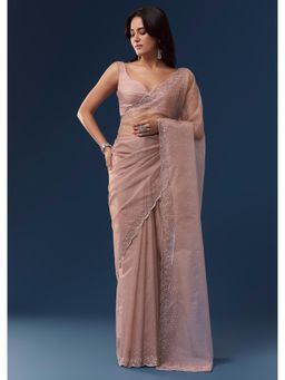 KALKI FASHION - Pink Tissue Sequin Embroidered Saree with Unstitched Blouse