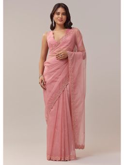 KALKI FASHION - Peach Organza With Scallop Border Embroidered Saree with Unstitched Blouse