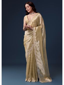 KALKI FASHION - Beige Tissue Silk Sequin Embroidered Saree with Unstitched Blouse