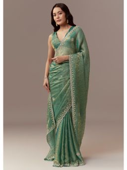 KALKI FASHION - Sea Green Jacquard Tissue Sequin Embroidered Saree with Unstitched Blouse