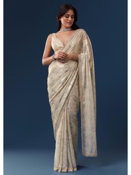 KALKI FASHION - Cream Satin Purple Floral Print And Embroidered Border Saree with Unstitched Blouse