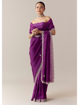 KALKI FASHION - Purple Embroidered Silk Crepe Saree With Unstitched Blouse