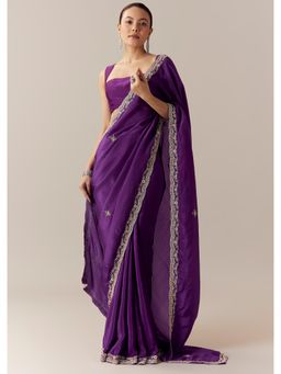 KALKI FASHION - Royal Blue Silk Crepe Saree With Unstitched Blouse