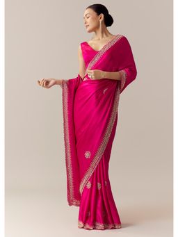 KALKI FASHION - Pink Embroidered Chinon Saree With Unstitched Blouse