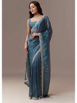 KALKI FASHION - Teal Blue Organza Beads And Sequin Embroidered Saree with Unstitched Blouse