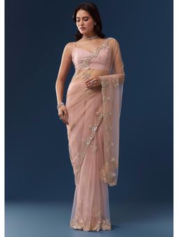 KALKI FASHION - Peach Net With Deep Scallop Border And Butti Embroidered Saree with Unstitched Blouse