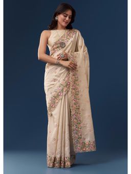 KALKI FASHION - Cream Tusshar Embroidered Saree with Unstitched Blouse