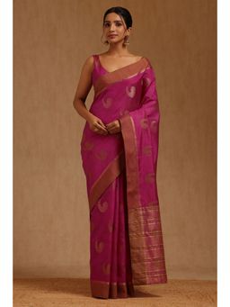 Soch - Womens Fuchsia Art Silk Bird Motifs Zari Woven Saree with Unstitched Blouse