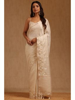 Soch - Womens Cream Tusshar Hand Embroidered Saree with Unstitched Blouse