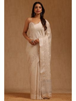 Soch - Womens Cream Tusshar Embroidered Saree with Unstitched Blouse