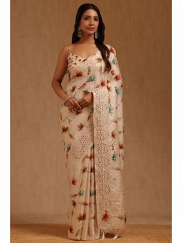 Soch - Womens Cream Tusshar Floral Printed Saree with Unstitched Blouse