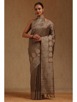 Soch - Womens Grey Tusshar Embroidered Saree with Unstitched Blouse