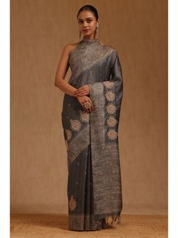 Soch - Womens Grey Tusshar Embroidered Saree with Unstitched Blouse
