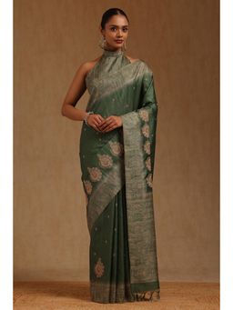 Soch - Womens Green Tusshar Embroidered Saree with Unstitched Blouse