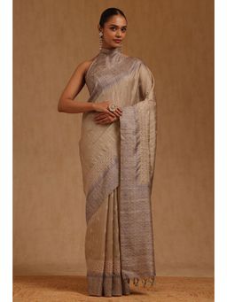 Soch - Womens Beige Tusshar Embroidered Saree with Unstitched Blouse