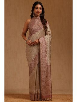 Soch - Womens Onion Pink Tusshar Hand Embroidered Saree with Unstitched Blouse