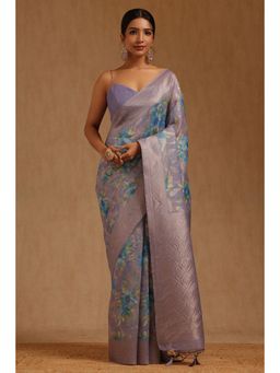 Soch - Womens Lavender Chanderi Floral Woven Work Saree with Unstitched Blouse