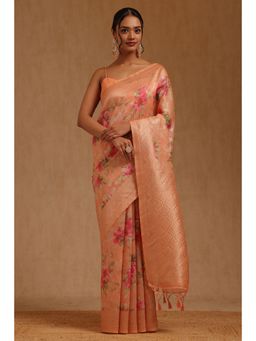 Soch - Womens Peach Chanderi Floral Woven Saree with Unstitched Blouse