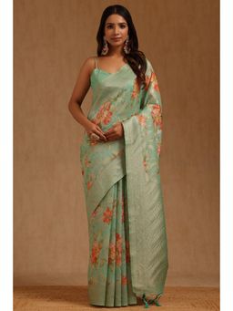 Soch - Womens Light Green Chanderi Floral Woven Saree with Unstitched Blouse