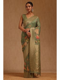 Soch - Womens Green Dola Silk Madhubani Printed Woven Saree with Unstitched Blouse